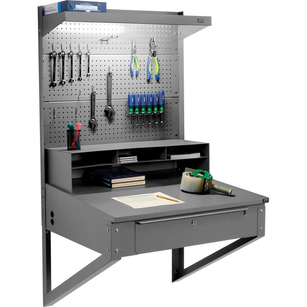 Global Industrial Wall Mount Shop Desk w/ Pegboard & Top Shelf, 34-1/2inW x 30inD, Gray 249510GY - main